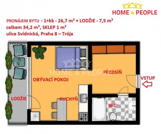 Pronájem bytu 1+kk, Praha - Troja, Svídnická, 34 m2