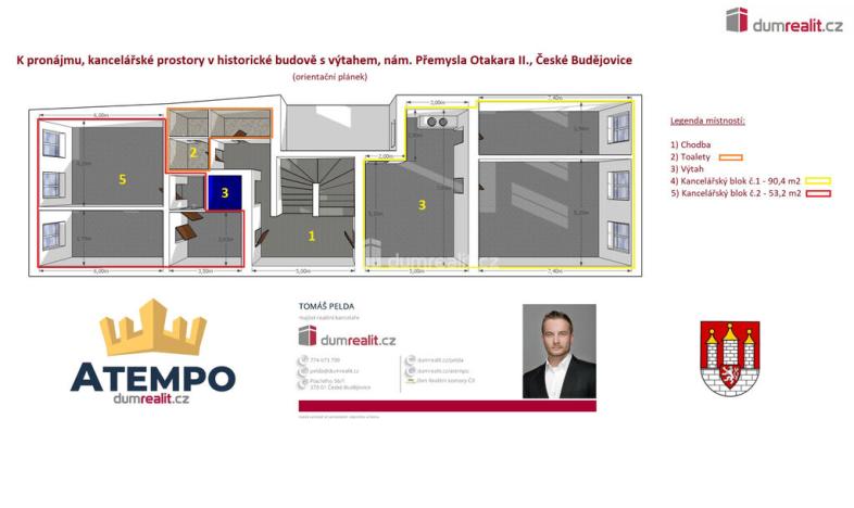 Pronájem kanceláře, České Budějovice - České Budějovice 1, nám. Přemysla Otakara II., 143 m2