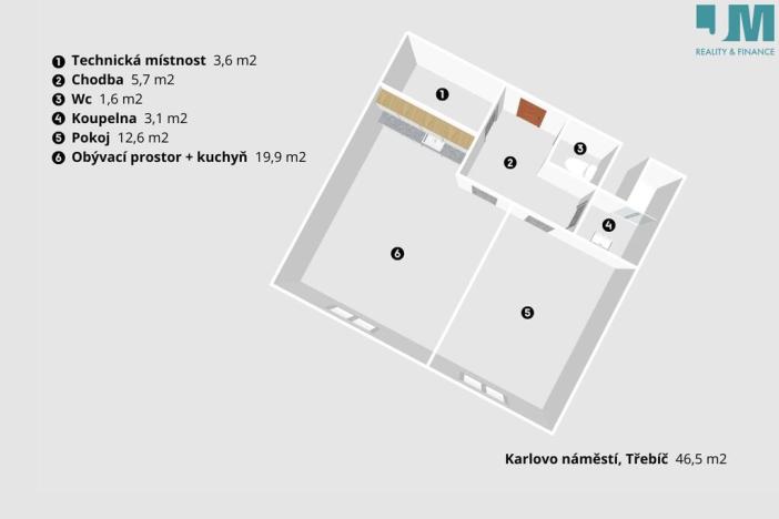 Pronájem bytu 2+kk, Třebíč, Karlovo nám., 50 m2