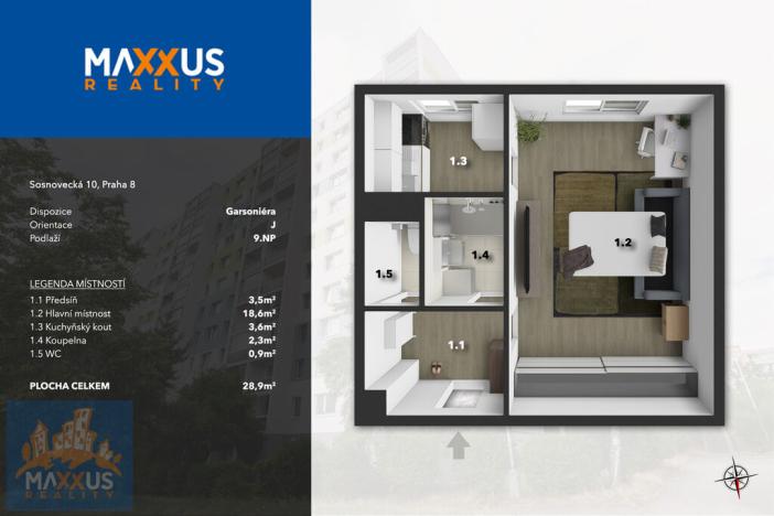 Prodej bytu 1+kk, Praha - Troja, Sosnovecká, 30 m2