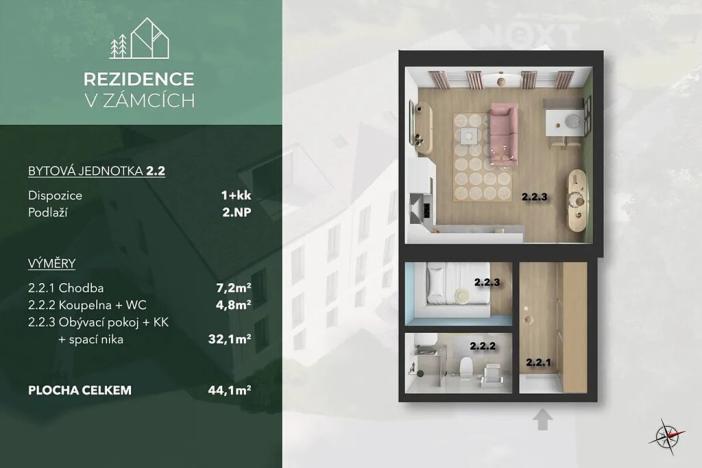 Prodej bytu 1+kk, Praha - Bohnice, V Zámcích, 44 m2