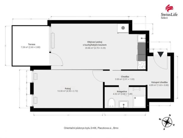 Pronájem bytu 2+kk, Brno, Placzkova, 47 m2