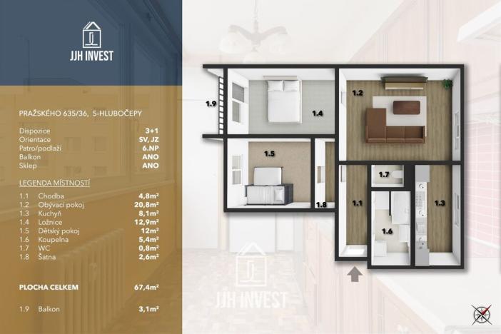 Prodej bytu 3+1, Praha - Hlubočepy, Pražského, 69 m2