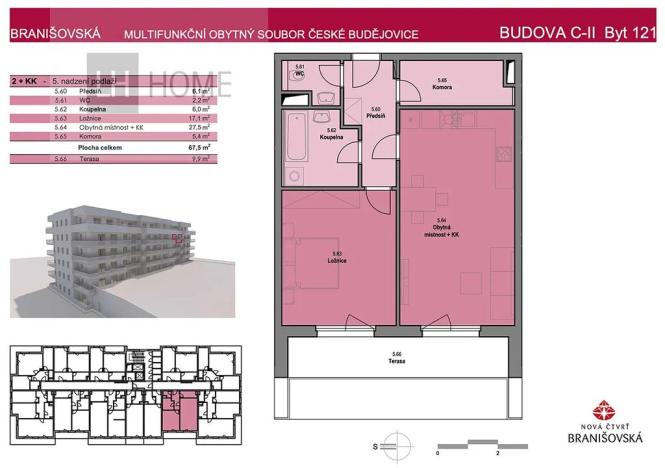 Prodej bytu 2+kk, České Budějovice, Branišovská, 67 m2