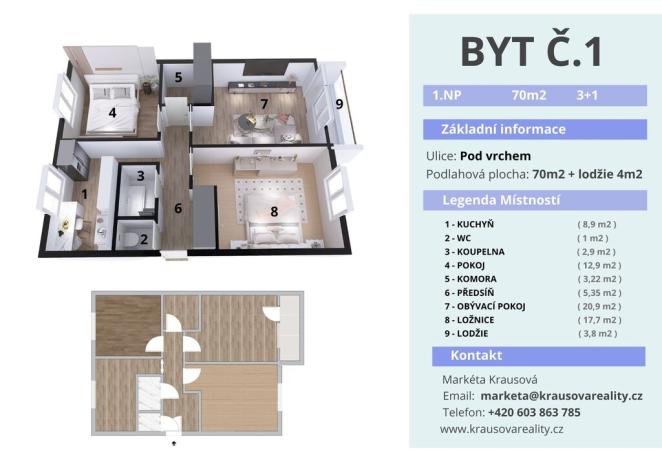 Prodej bytu 3+1, Plzeň - Lobzy, Pod Vrchem, 70 m2