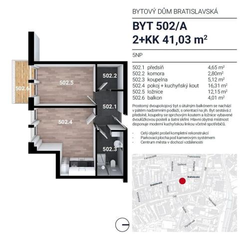 Pronájem bytu 2+kk, Brno, Bratislavská, 45 m2