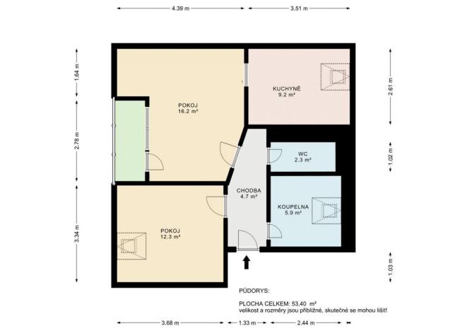 Prodej bytu 2+1, Sezimovo Ústí, Táboritů, 50 m2