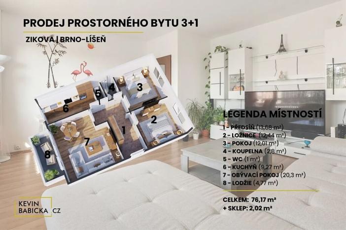 Prodej bytu 3+1, Brno, Zikova, 76 m2