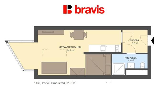 Pronájem bytu 1+kk, Brno - Pisárky, Poříčí, 31 m2