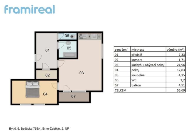 Prodej bytu 2+kk, Brno, Bešůvka, 56 m2