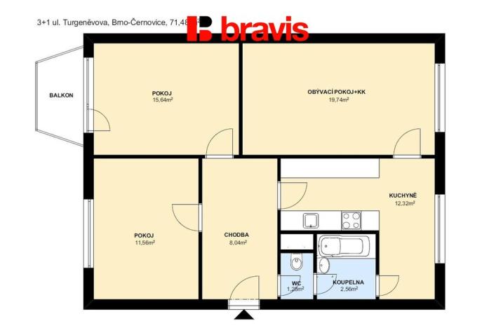 Prodej bytu 3+1, Brno, Turgeněvova, 71 m2