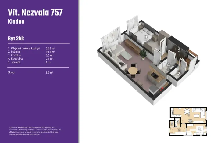 Prodej bytu 2+kk, Kladno, Vít. Nezvala, 44 m2