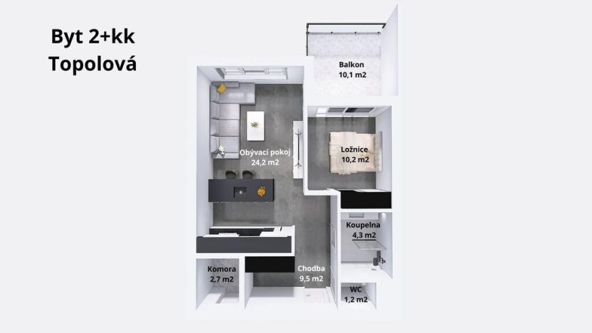 Pronájem bytu 2+kk, Olomouc - Slavonín, Topolová, 53 m2