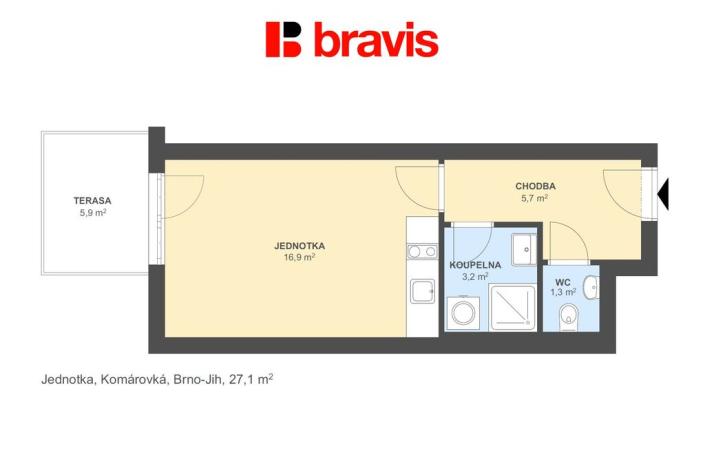 Pronájem bytu 1+kk, Brno - Komárov, Komárovská, 28 m2