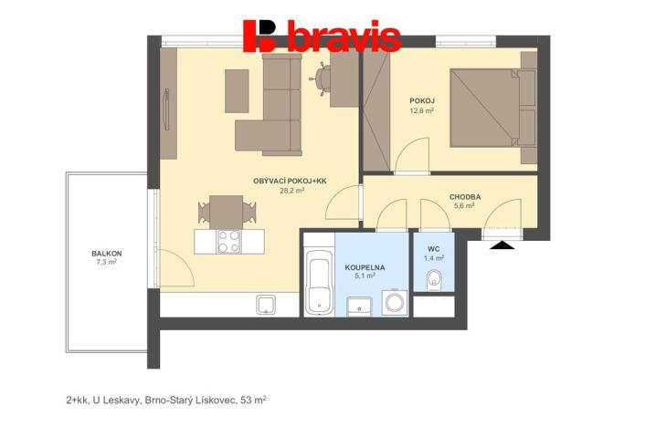 Prodej bytu 2+kk, Brno - Starý Lískovec, U Leskavy, 53 m2