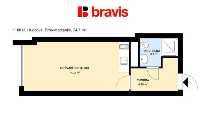 Pronájem bytu 1+kk, Brno - Medlánky, Hudcova, 25 m2
