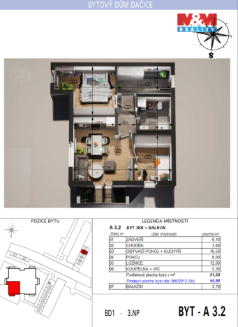 Prodej bytu 3+kk, Dačice - Dačice V, U Stadionu, 55 m2