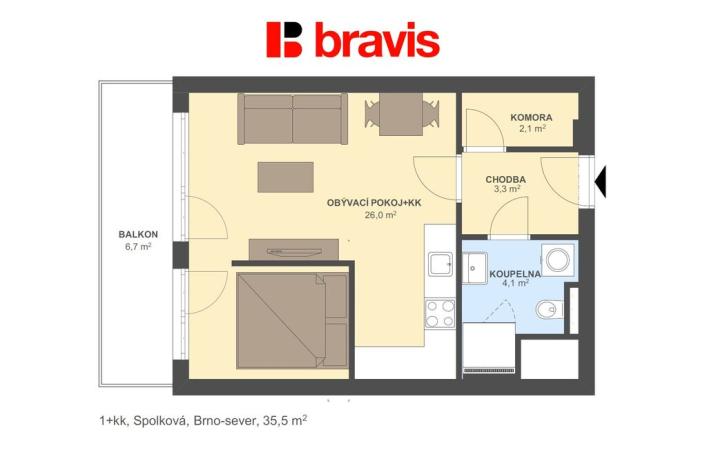 Pronájem bytu 1+kk, Brno - Zábrdovice, Spolková, 36 m2