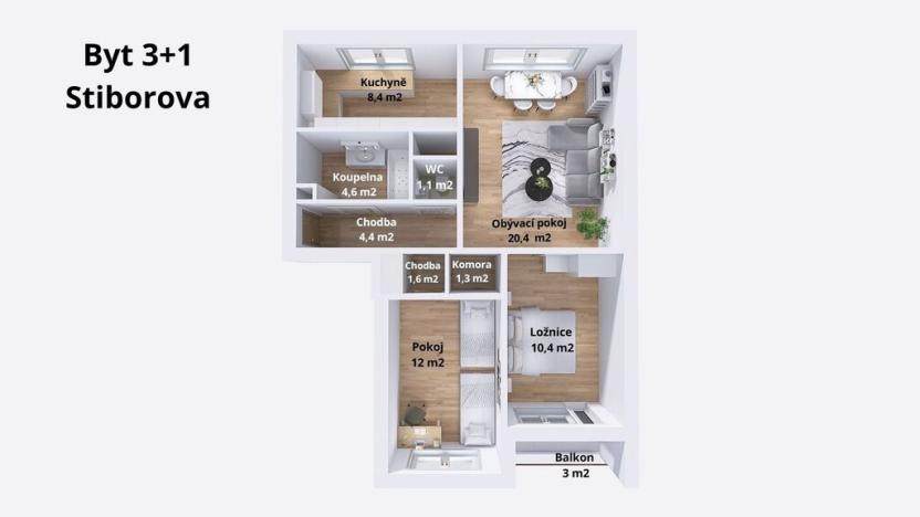 Pronájem bytu 3+1, Olomouc - Neředín, Stiborova, 70 m2