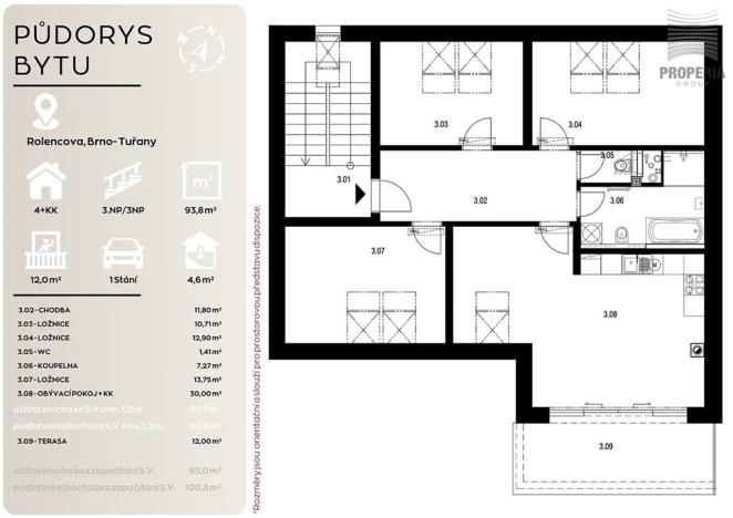 Prodej bytu 4+kk, Brno, Rolencova, 88 m2