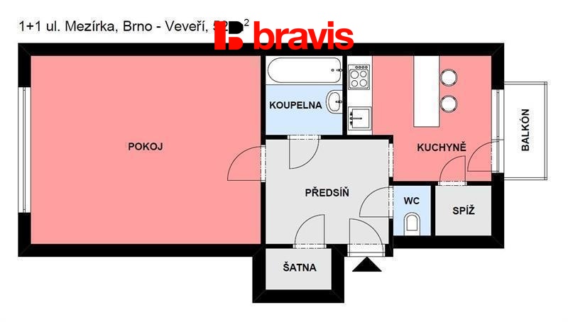 Pronájem bytu 1+1, Brno, Mezírka, 52 m2