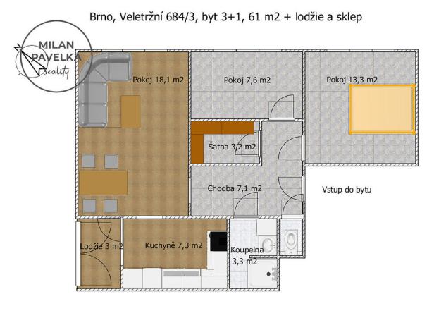 Pronájem bytu 3+1, Brno - Staré Brno, Veletržní, 61 m2
