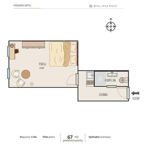 Pronájem bytu 1+kk, Brno, Plotní, 32 m2