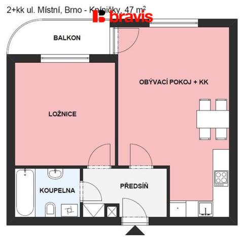 Pronájem bytu 2+kk, Brno - Kníničky, Místní, 47 m2