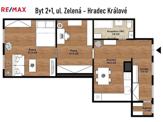 Pronájem bytu 2+1, Hradec Králové - Kukleny, Zelená, 61 m2