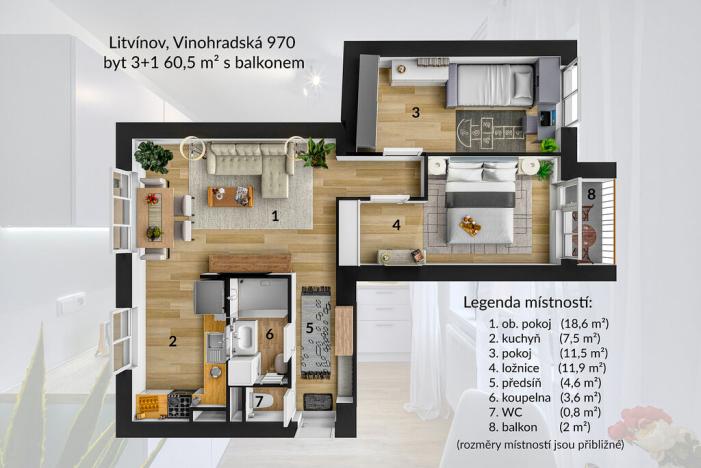 Pronájem bytu 3+1, Litvínov - Horní Litvínov, Vinohradská, 60 m2