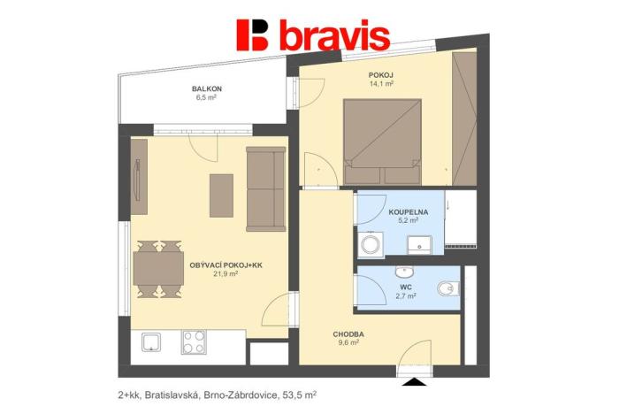 Pronájem bytu 2+kk, Brno - Zábrdovice, Bratislavská, 54 m2