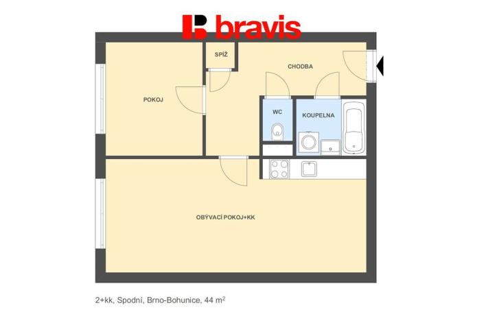 Pronájem bytu 2+kk, Brno - Bohunice, Spodní, 44 m2