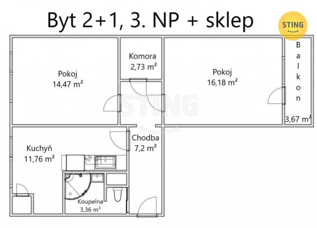 Prodej bytu 2+1, Olomouc, Řezáčova, 56 m2