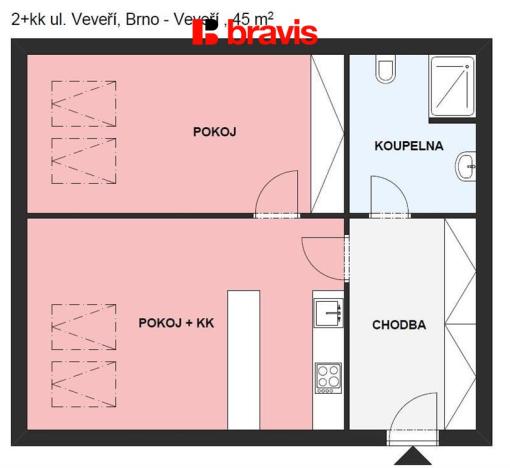 Pronájem bytu 2+kk, Brno - Veveří, Veveří, 45 m2