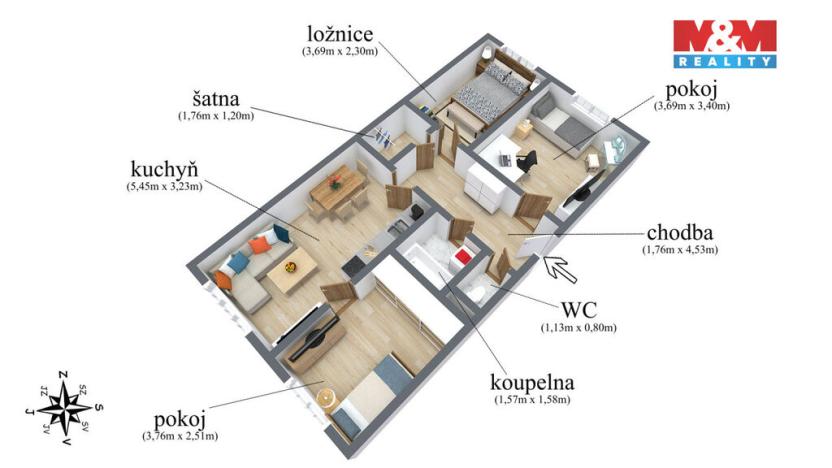 Prodej bytu 3+1, Most, Lidická, 62 m2