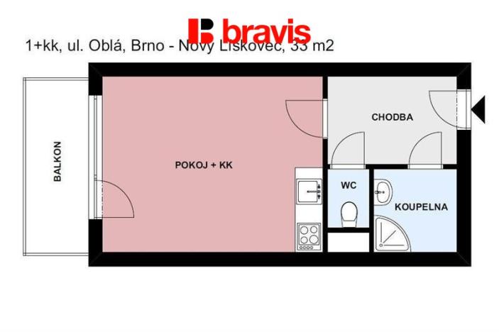 Pronájem bytu 1+kk, Brno - Nový Lískovec, Oblá, 33 m2