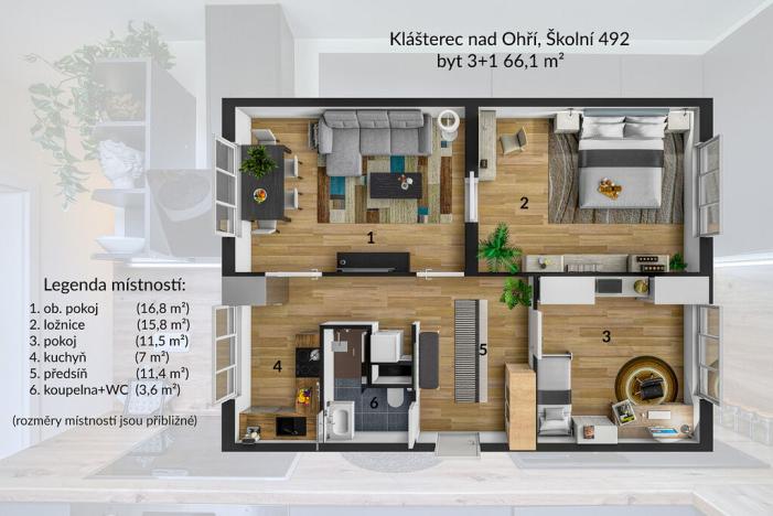 Pronájem bytu 3+1, Klášterec nad Ohří, Školní, 66 m2