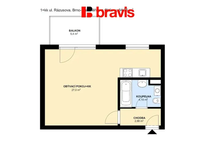 Pronájem bytu 1+kk, Brno - Maloměřice, Rázusova, 39 m2