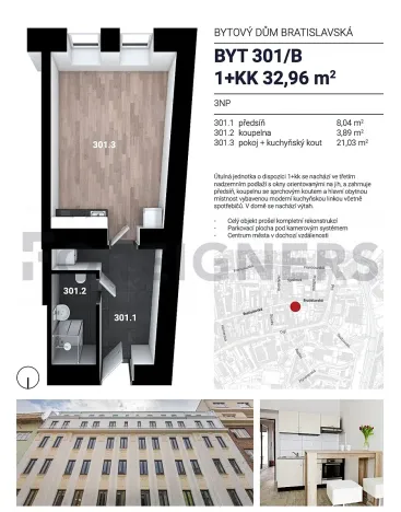 Pronájem bytu 1+kk, Brno, Bratislavská, 32 m2