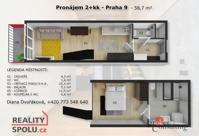 Pronájem bytu 2+kk, Praha - Vysočany, Kolbenova, 54 m2