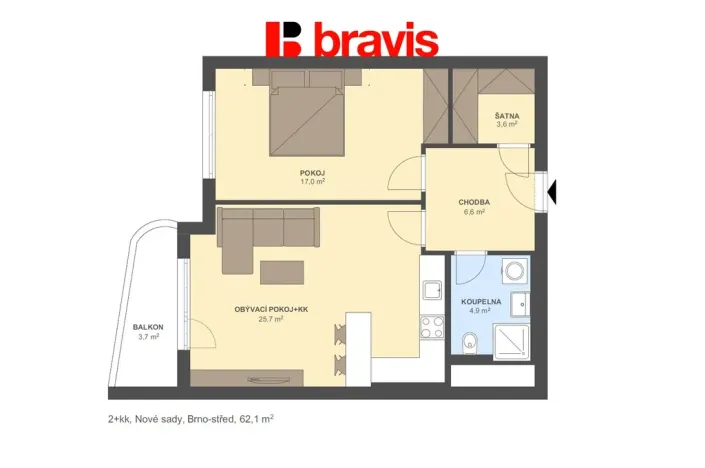 Pronájem bytu 2+kk, Brno - Staré Brno, Ghegova, 62 m2