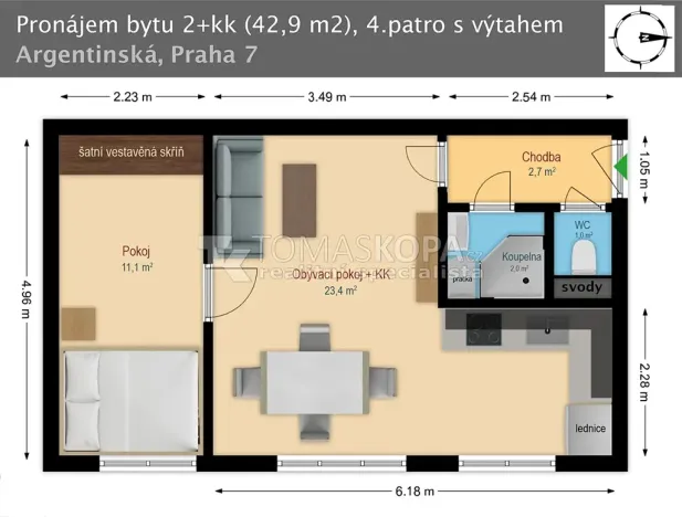 Pronájem bytu 2+kk, Praha - Holešovice, Argentinská, 43 m2