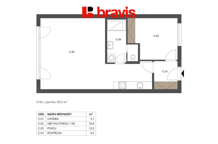 Prodej bytu 2+kk, Lipůvka, 58 m2