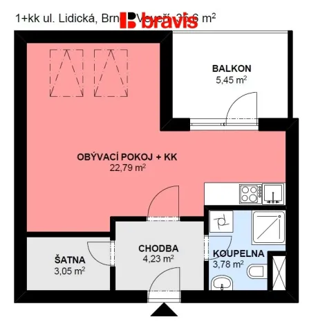 Pronájem bytu 1+kk, Brno - Veveří, Lidická, 42 m2