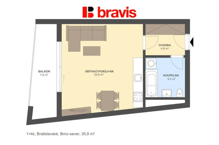 Pronájem bytu 1+kk, Brno - Zábrdovice, Bratislavská, 36 m2