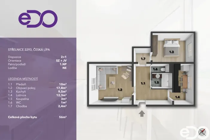 Prodej bytu 2+1, Česká Lípa, Střelnice, 56 m2