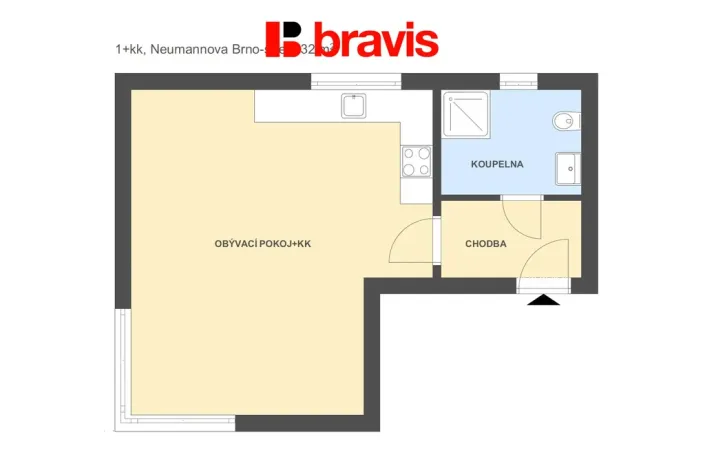 Pronájem bytu 1+kk, Brno - Pisárky, Neumannova, 32 m2