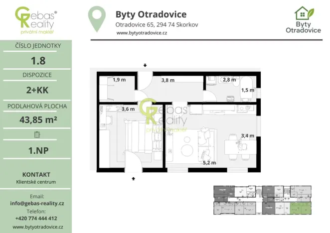Prodej bytu 2+kk, Skorkov - Otradovice, 45 m2