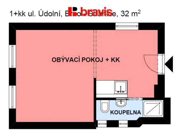 Pronájem bytu 1+kk, Brno - Stránice, Údolní, 32 m2