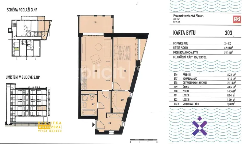 Pronájem bytu 2+kk, Zlín, Kúty, 62 m2